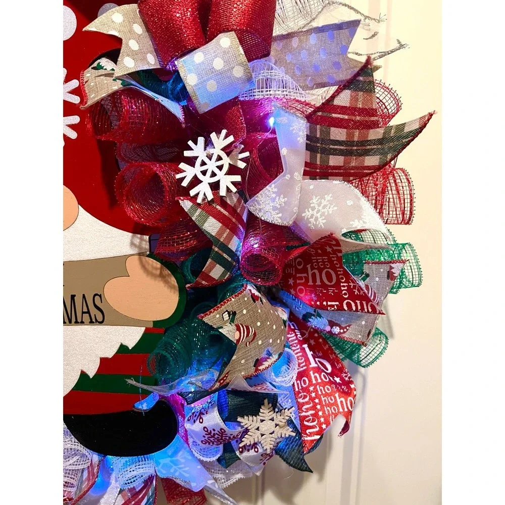 Christmas Snowflake Gnome Holiday Ribbon Door Wreath Handmade 22 ins LED W10